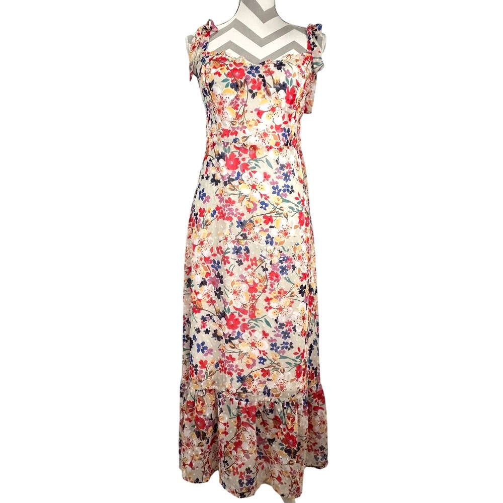 Ellison Womens Chiffon Floral Swiss Dot Tie Strap Smocked Back Maxi Dress Medium